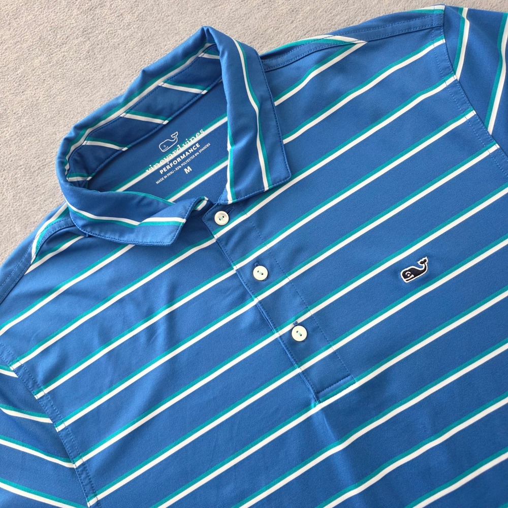 Vineyard Vines Performance Mens Striped Polo Shirt Blue Teal White Size M